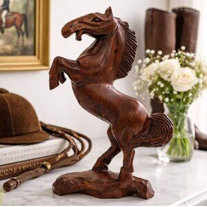 Vintage Hand-Carved Wooden Rearing Horse Figurine 10" Tall Detailed Equestrian D